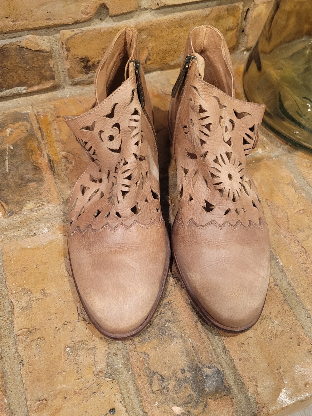 Laser-Cut Tan Ankle Booties with Side Zip